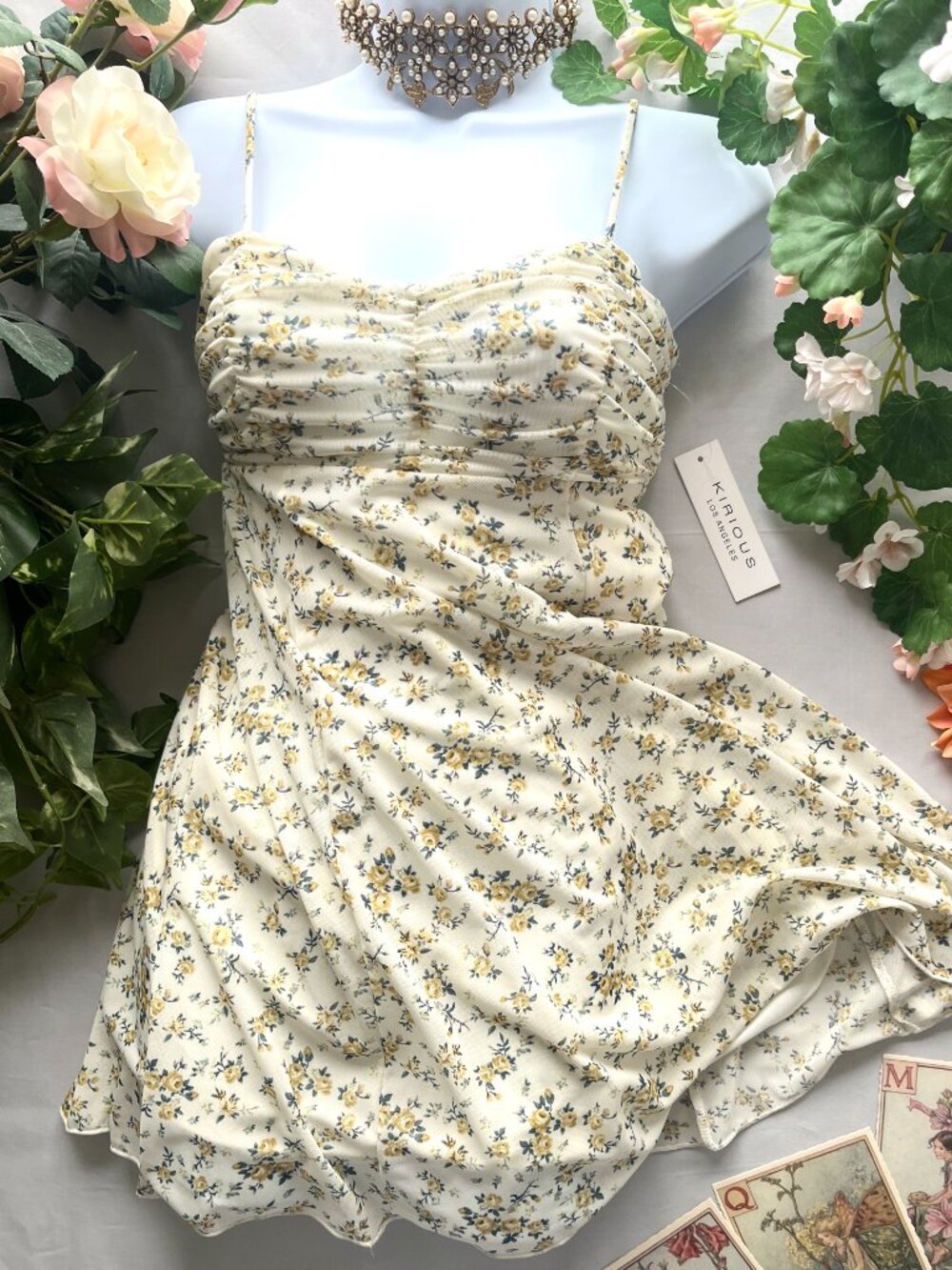 NWT Floral Mesh Babydoll Mini Dress Cream & Yellow XS Romantic Cottagecore